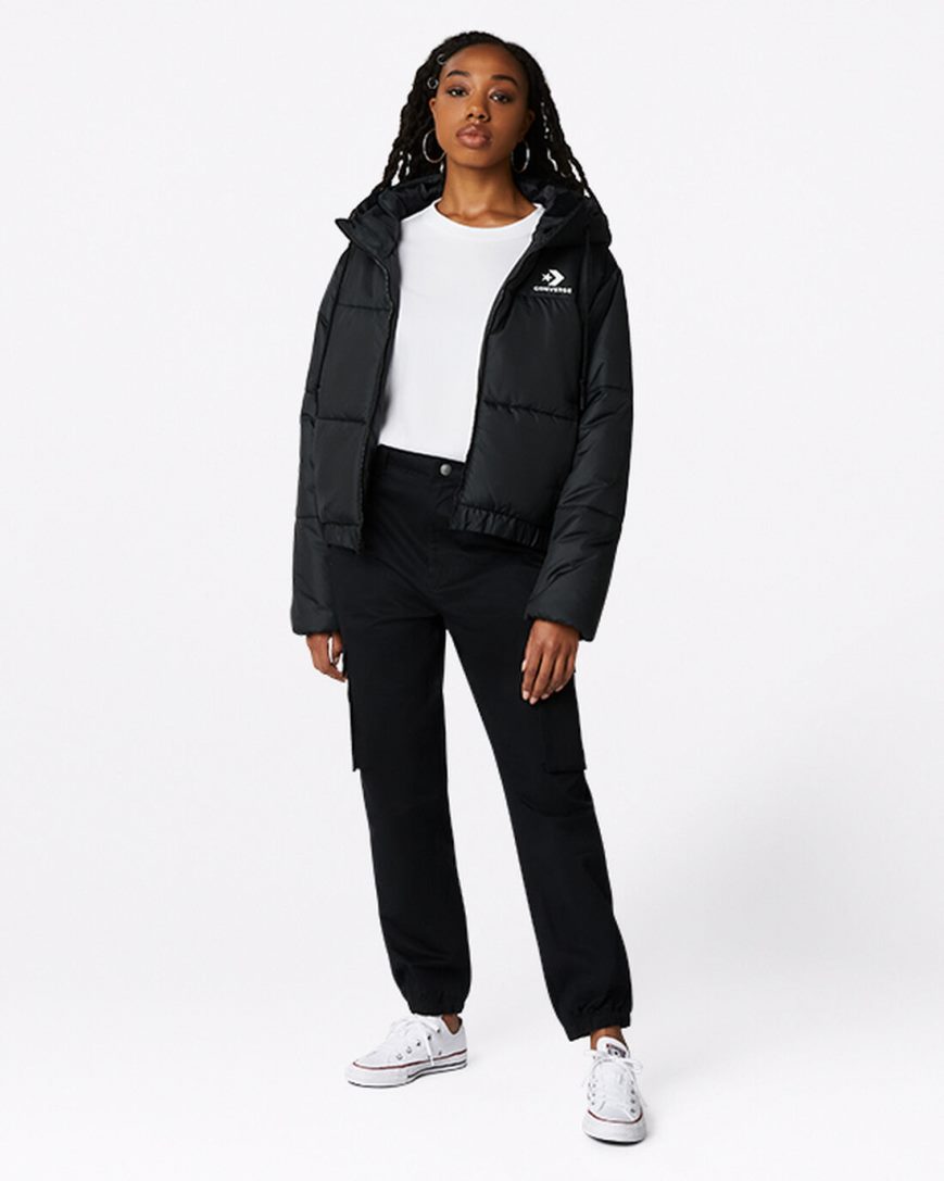 Women's Converse Short Hooded Puffer Jackets Black | AU 09654S